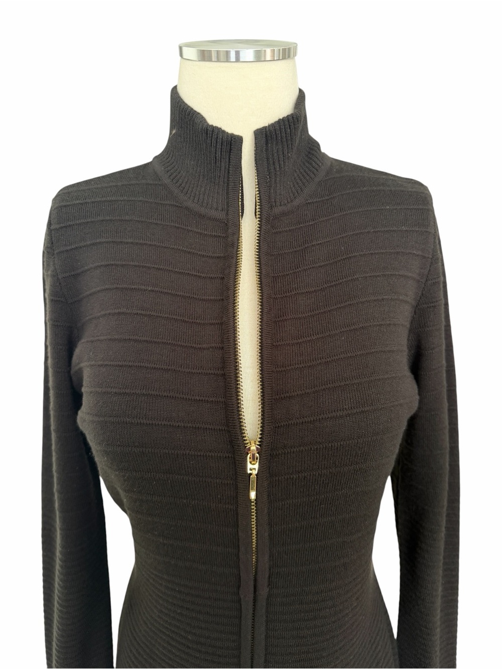 Calvin Klein Black Zip-Front Ribbed Long Sleeve Knit Sweater Midi Dress Sz M - Picture 5 of 11